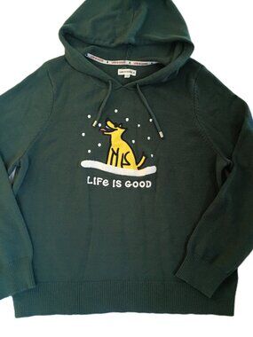 Life is Good Sweater Hoodie Green Rocket Dog Snowflakes Winter Holiday XL Knit